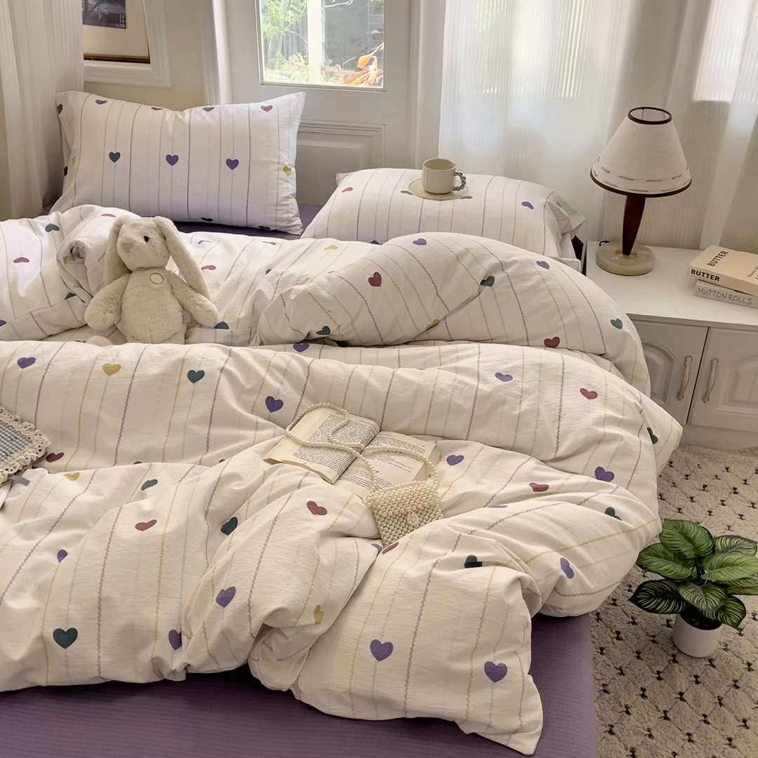 91家纺网 家纺一手货源 找家纺 海岛哥哥 2025新款高克重木棉提花双层纱四件套-风格一 小心心