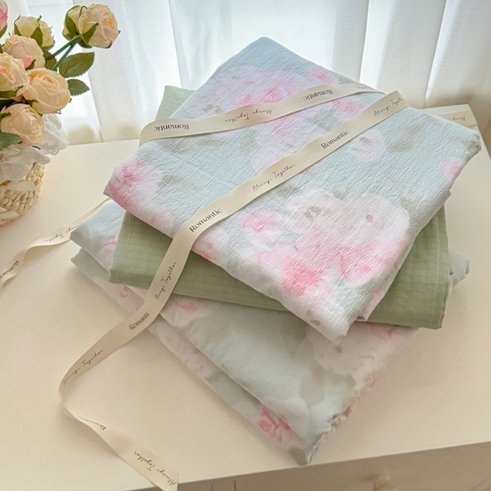 91家纺网 家纺一手货源 找家纺 海岛哥哥 2025新款高克重木棉提花双层纱四件套-风格一 嫣然花语