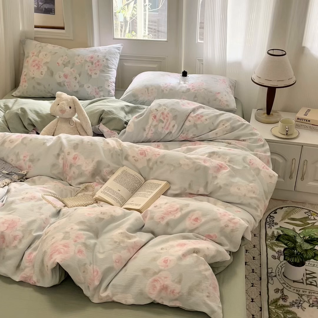 91家纺网 家纺一手货源 找家纺 海岛哥哥 2025新款高克重木棉提花双层纱四件套-风格一 嫣然花语