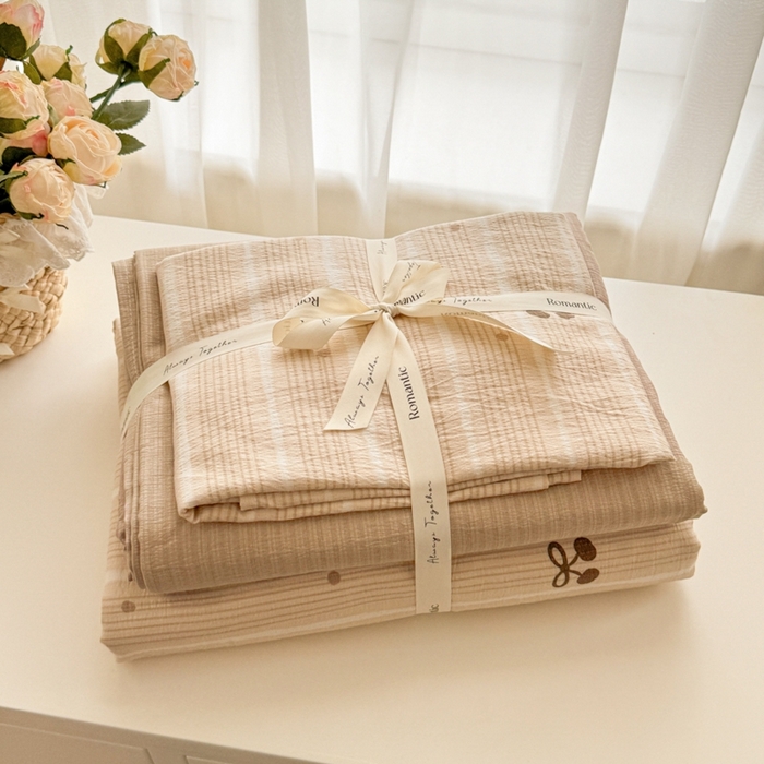 海岛哥哥 2025新款高克重木棉提花双层纱四件套-风格一 樱桃点点