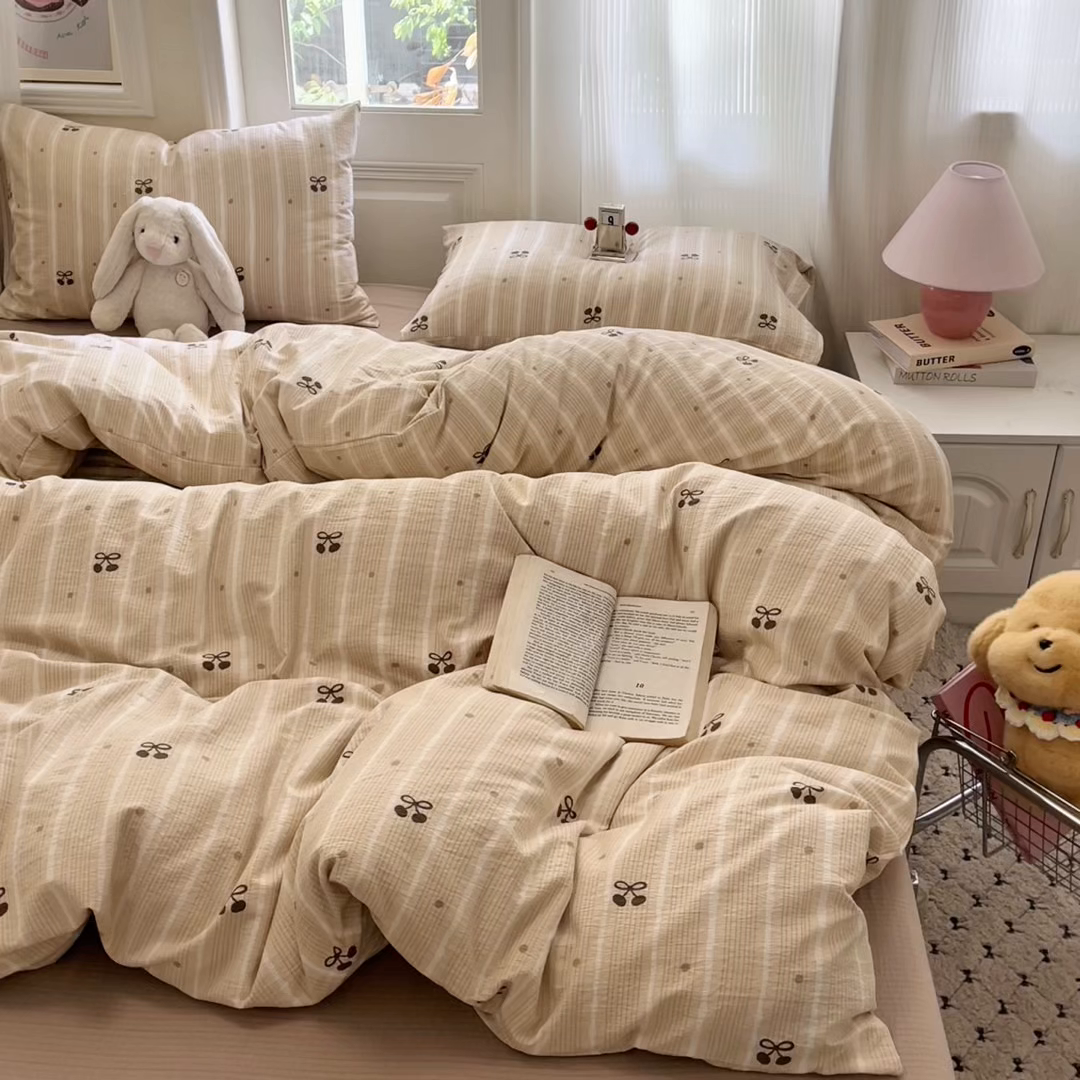 91家纺网 家纺一手货源 找家纺 海岛哥哥 2025新款高克重木棉提花双层纱四件套-风格一 樱桃点点