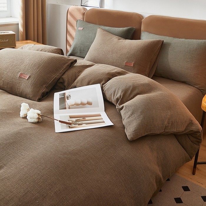 91家纺网 家纺一手货源 找家纺 全美家居 2025新款A类全棉纯棉活性印染双层纱四件套 棕褐香缇