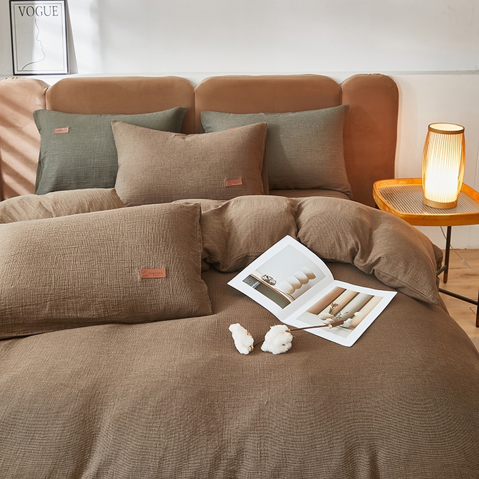 91家纺网 家纺一手货源 找家纺 全美家居 2025新款A类全棉纯棉活性印染双层纱四件套 棕褐香缇