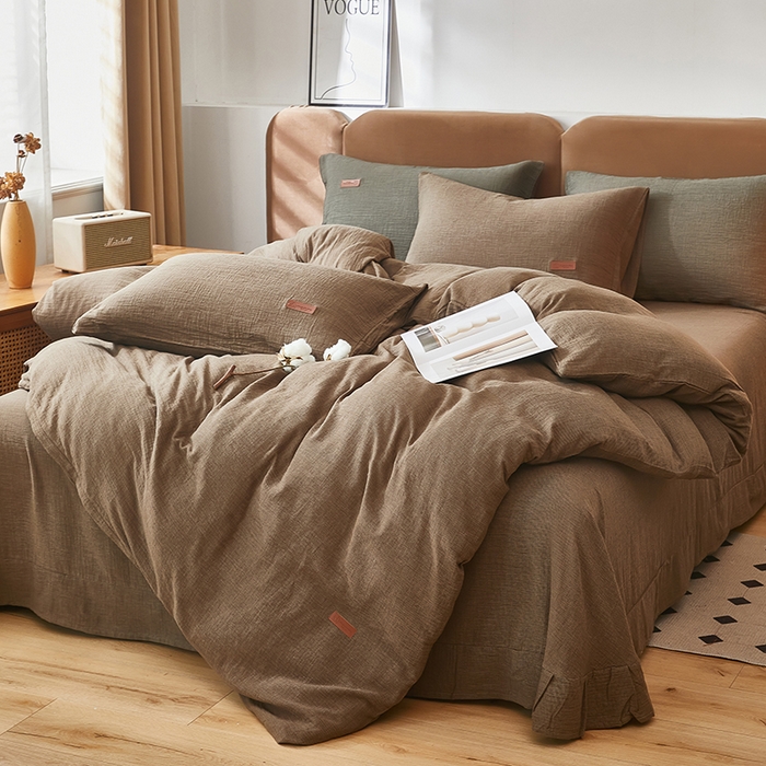 91家纺网 家纺一手货源 找家纺 全美家居 2025新款A类全棉纯棉活性印染双层纱四件套 棕褐香缇