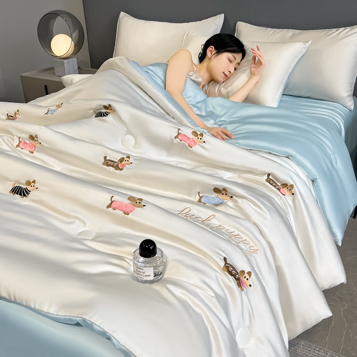 如一 2025新款精绣系列水洗冰丝夏被四件套 腊肠狗-奶白蓝