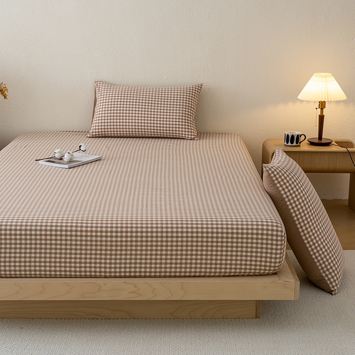 91家纺网 家纺一手货源 找家纺 吉象家纺 2025新款全棉色织水洗棉床笠三件套 暗灰中格