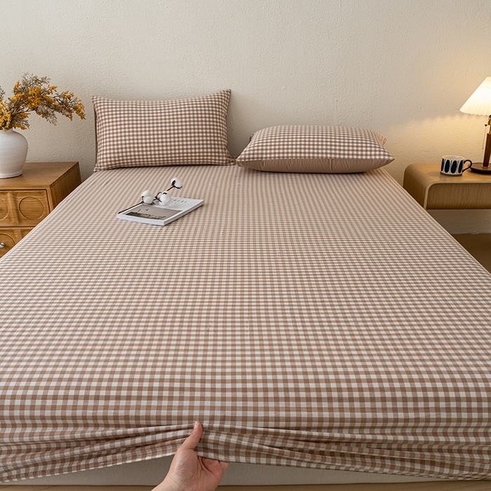 91家纺网 家纺一手货源 找家纺 吉象家纺 2025新款全棉色织水洗棉床笠三件套 暗灰中格