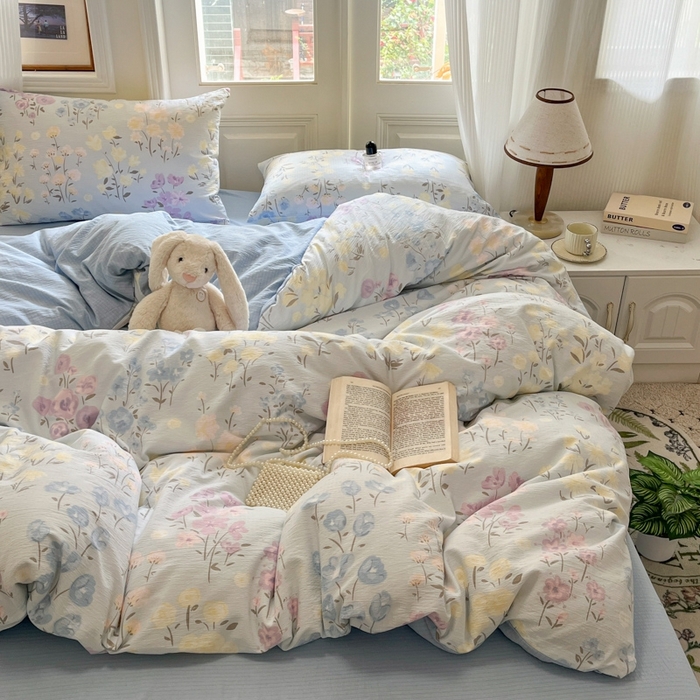 91家纺网 家纺一手货源 找家纺 海岛哥哥 2025新款高克重木棉提花双层纱四件套-风格二 花开半夏-蓝