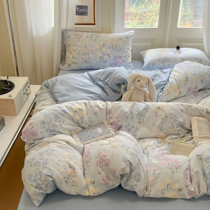 91家纺网 家纺一手货源 找家纺 海岛哥哥 2025新款高克重木棉提花双层纱四件套-风格二 花开半夏-蓝