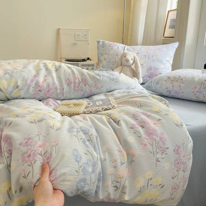 91家纺网 家纺一手货源 找家纺 海岛哥哥 2025新款高克重木棉提花双层纱四件套-风格二 花开半夏-蓝