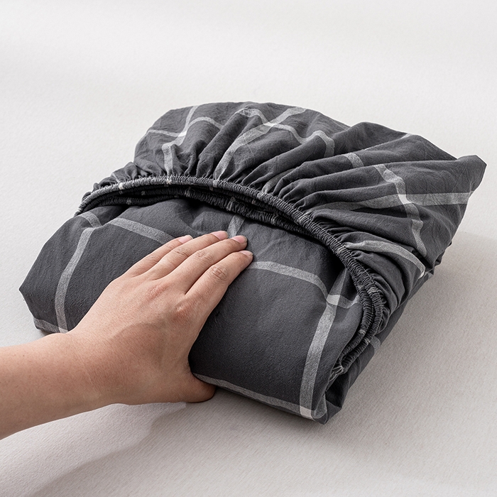 吉象家纺 2025新款全棉色织水洗棉床笠三件套 暗灰中格