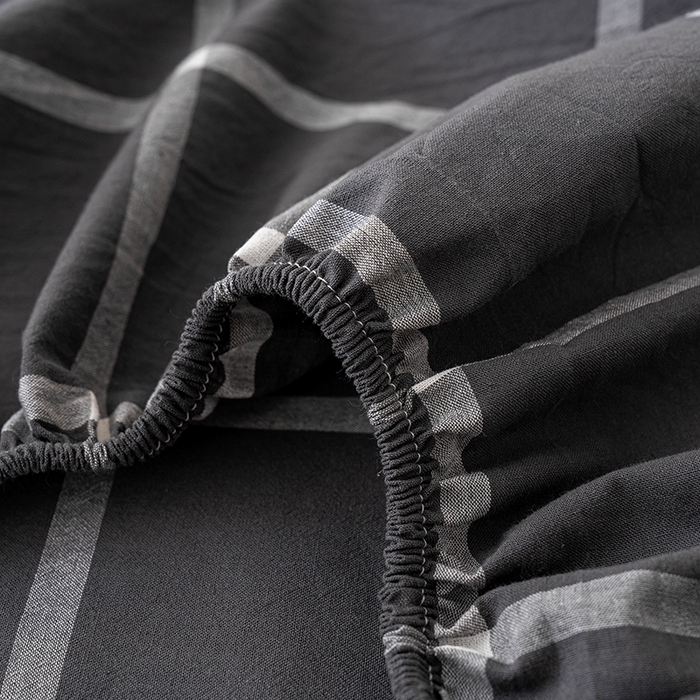 91家纺网 家纺一手货源 找家纺 吉象家纺 2025新款全棉色织水洗棉床笠三件套 暗灰中格