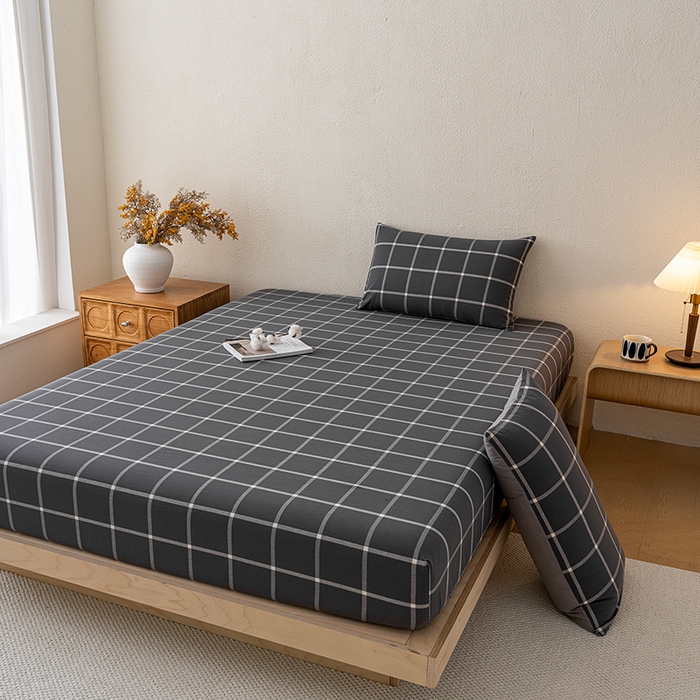 91家纺网 家纺一手货源 找家纺 吉象家纺 2025新款全棉色织水洗棉床笠三件套 暗灰中格