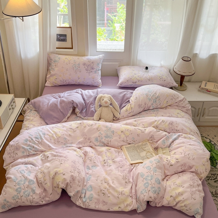 91家纺网 家纺一手货源 找家纺 海岛哥哥 2025新款高克重木棉提花双层纱四件套-风格二 花开半夏紫