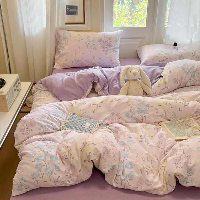 91家纺网 家纺一手货源 找家纺 海岛哥哥 2025新款高克重木棉提花双层纱四件套-风格二 花开半夏紫