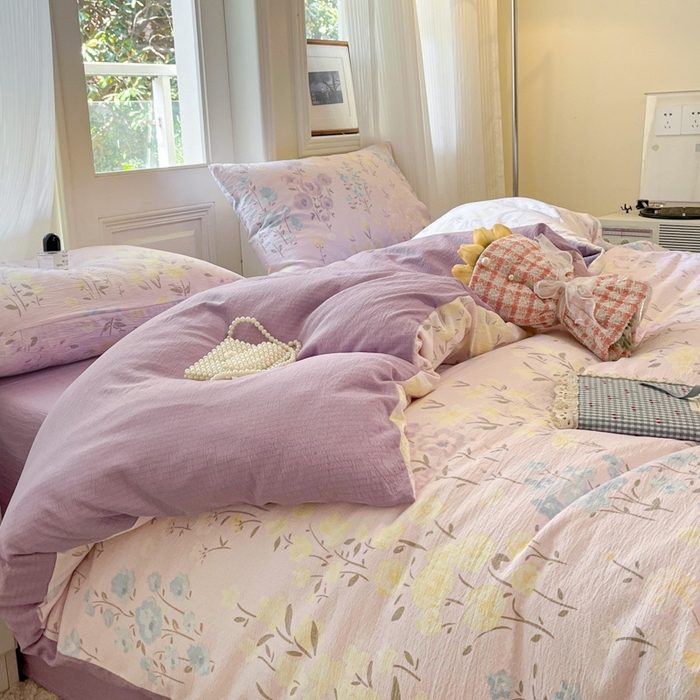 91家纺网 家纺一手货源 找家纺 海岛哥哥 2025新款高克重木棉提花双层纱四件套-风格二 花开半夏紫