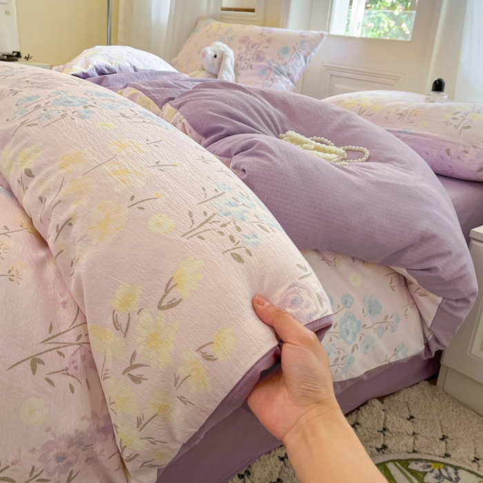 91家纺网 家纺一手货源 找家纺 海岛哥哥 2025新款高克重木棉提花双层纱四件套-风格二 花开半夏紫