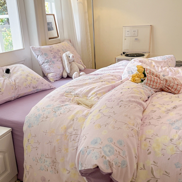 91家纺网 家纺一手货源 找家纺 海岛哥哥 2025新款高克重木棉提花双层纱四件套-风格二 花开半夏紫