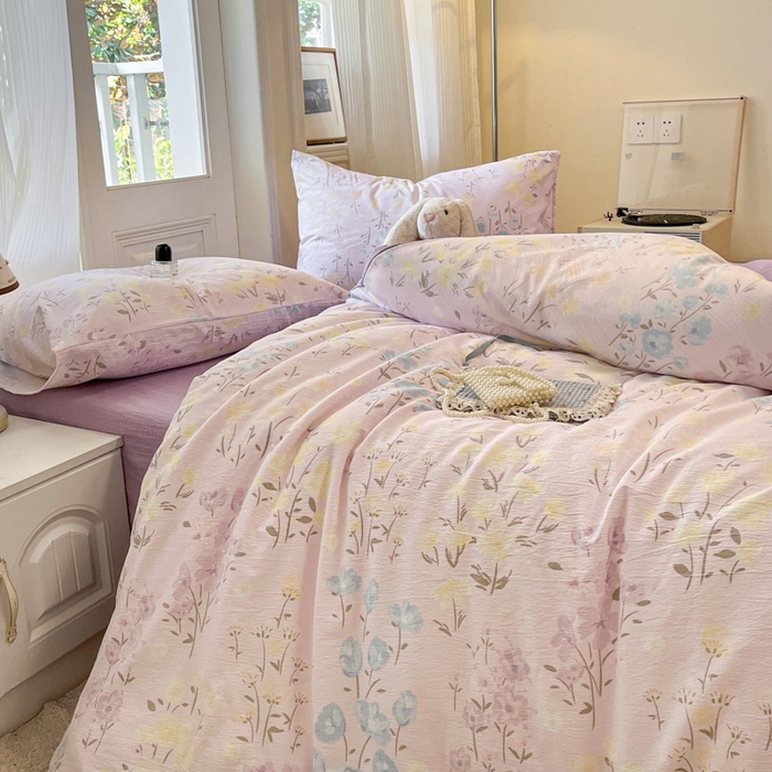 91家纺网 家纺一手货源 找家纺 海岛哥哥 2025新款高克重木棉提花双层纱四件套-风格二 花开半夏紫