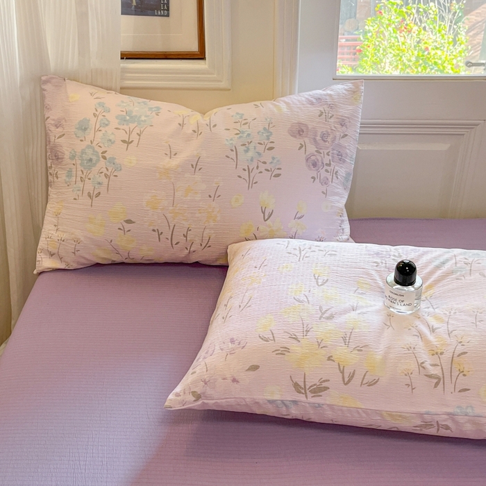 91家纺网 家纺一手货源 找家纺 海岛哥哥 2025新款高克重木棉提花双层纱四件套-风格二 花开半夏紫