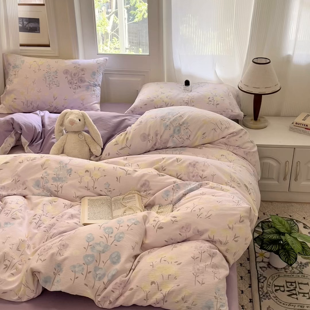 91家纺网 家纺一手货源 找家纺 海岛哥哥 2025新款高克重木棉提花双层纱四件套-风格二 花开半夏紫