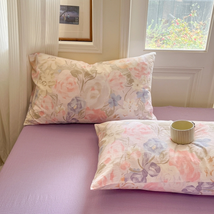 91家纺网 家纺一手货源 找家纺 海岛哥哥 2025新款高克重木棉提花双层纱四件套-风格二 花露凝香