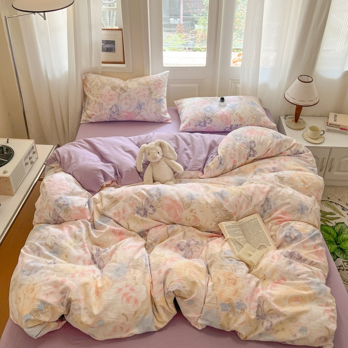 91家纺网 家纺一手货源 找家纺 海岛哥哥 2025新款高克重木棉提花双层纱四件套-风格二 花露凝香