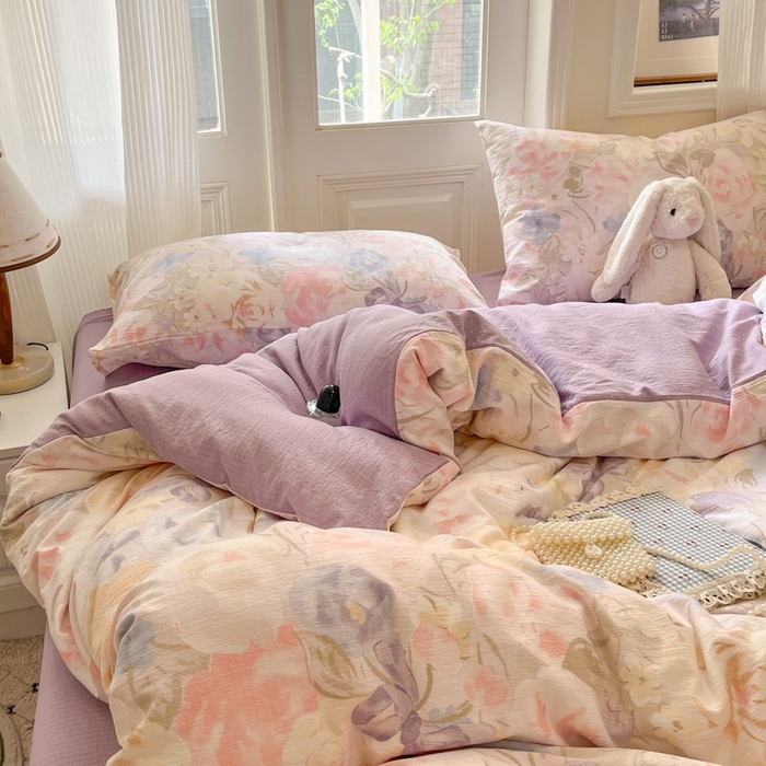 91家纺网 家纺一手货源 找家纺 海岛哥哥 2025新款高克重木棉提花双层纱四件套-风格二 花露凝香