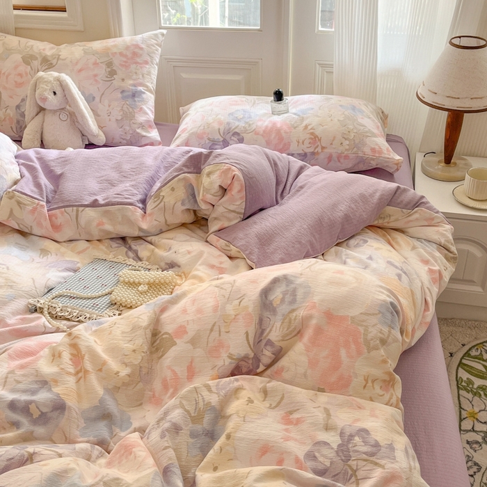 91家纺网 家纺一手货源 找家纺 海岛哥哥 2025新款高克重木棉提花双层纱四件套-风格二 花露凝香