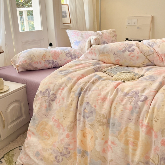 91家纺网 家纺一手货源 找家纺 海岛哥哥 2025新款高克重木棉提花双层纱四件套-风格二 花露凝香