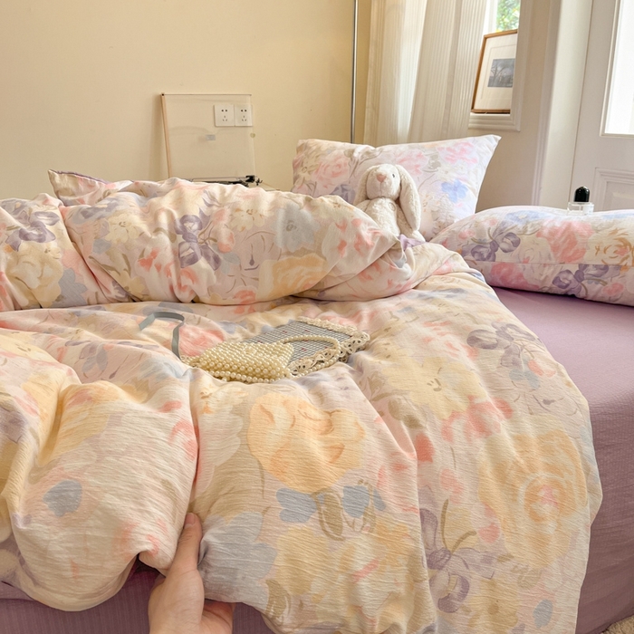 91家纺网 家纺一手货源 找家纺 海岛哥哥 2025新款高克重木棉提花双层纱四件套-风格二 花露凝香