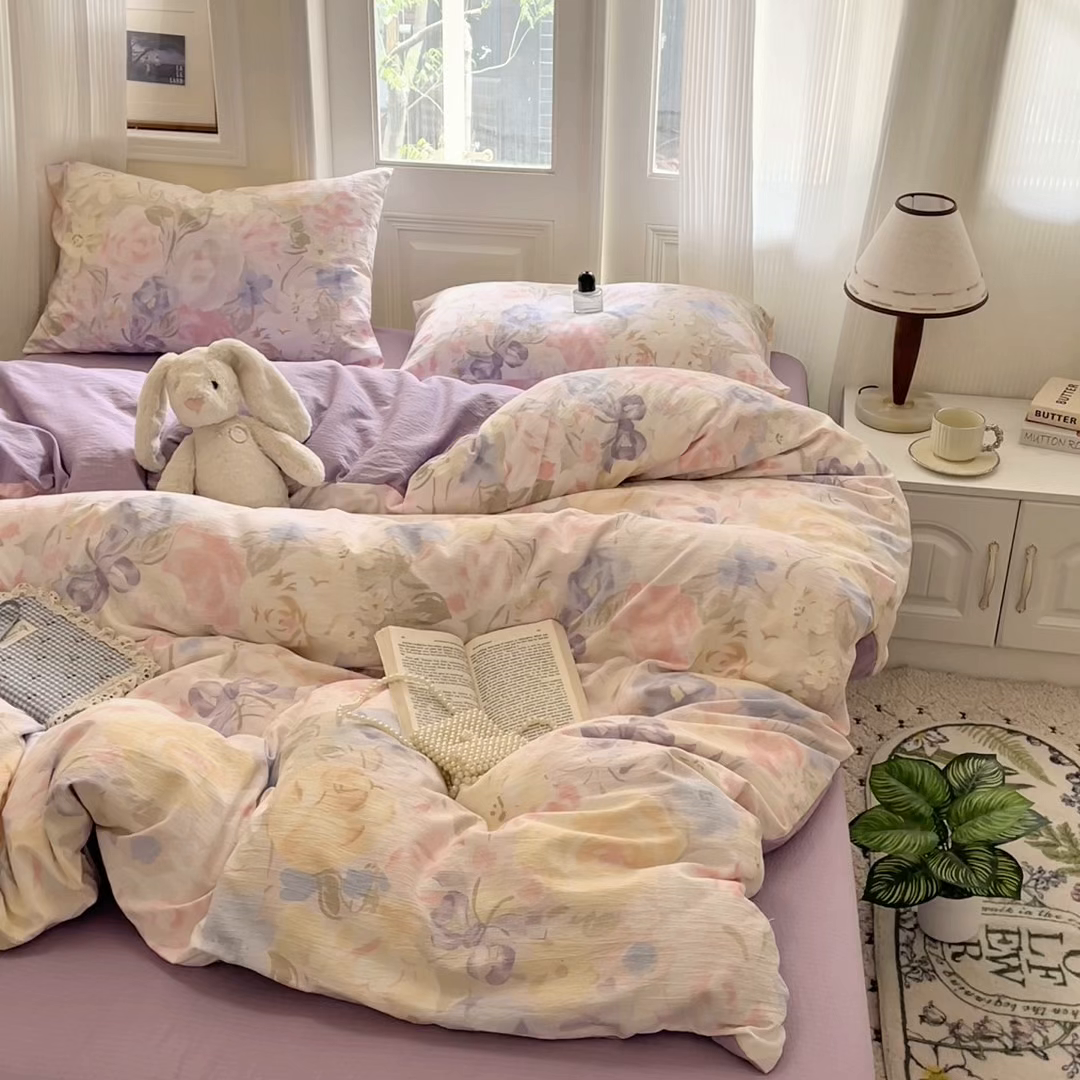 91家纺网 家纺一手货源 找家纺 海岛哥哥 2025新款高克重木棉提花双层纱四件套-风格二 花露凝香