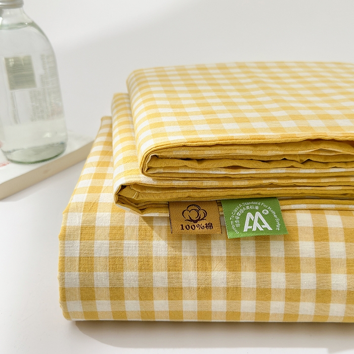 91家纺网 家纺一手货源 找家纺 吉象家纺 2025新款全棉色织水洗棉床单三件套 黄小格