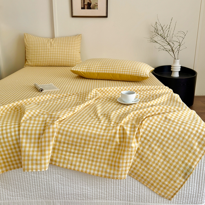 91家纺网 家纺一手货源 找家纺 吉象家纺 2025新款全棉色织水洗棉床单三件套 黄小格