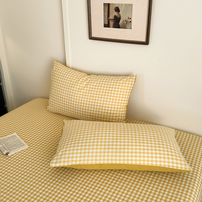 91家纺网 家纺一手货源 找家纺 吉象家纺 2025新款全棉色织水洗棉床单三件套 黄小格