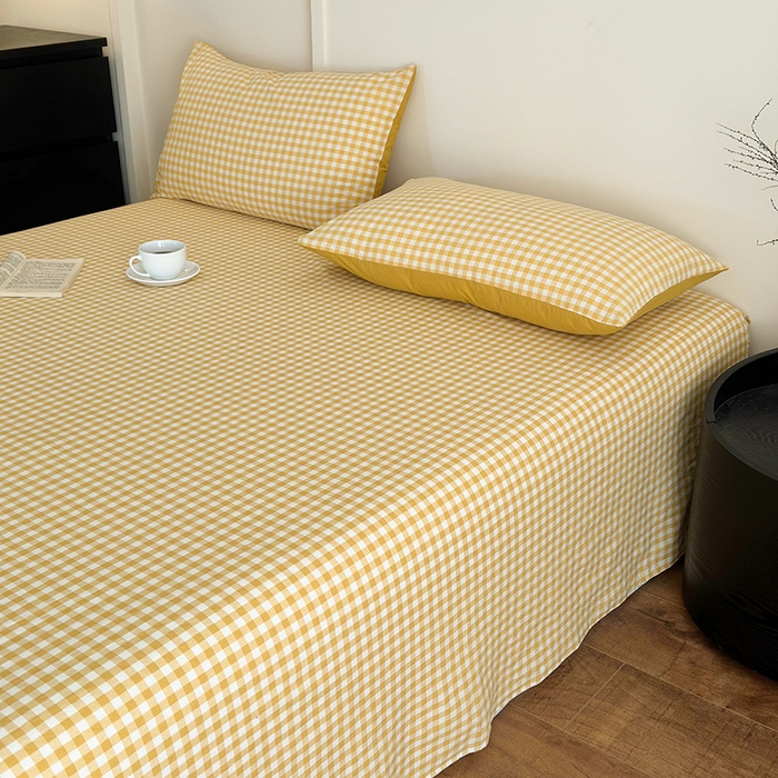 91家纺网 家纺一手货源 找家纺 吉象家纺 2025新款全棉色织水洗棉床单三件套 黄小格