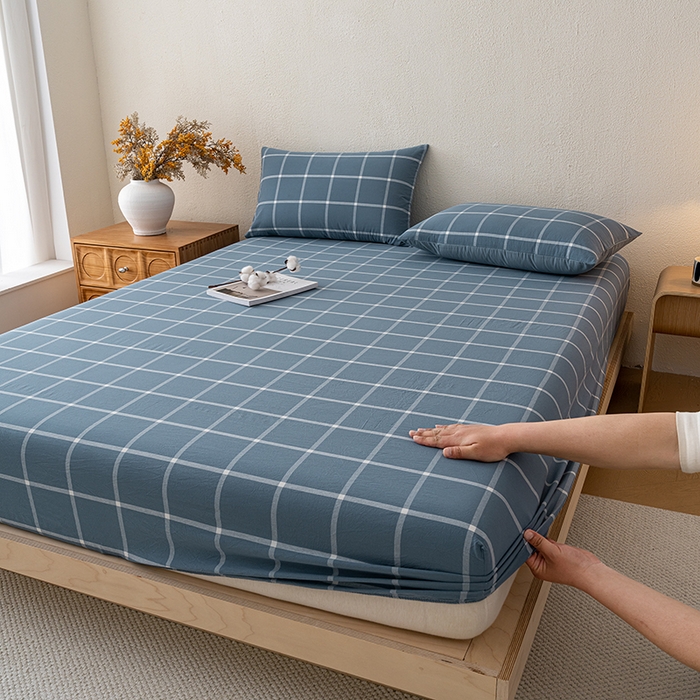 91家纺网 家纺一手货源 找家纺 吉象家纺 2025新款全棉色织水洗棉床笠三件套 大蓝格