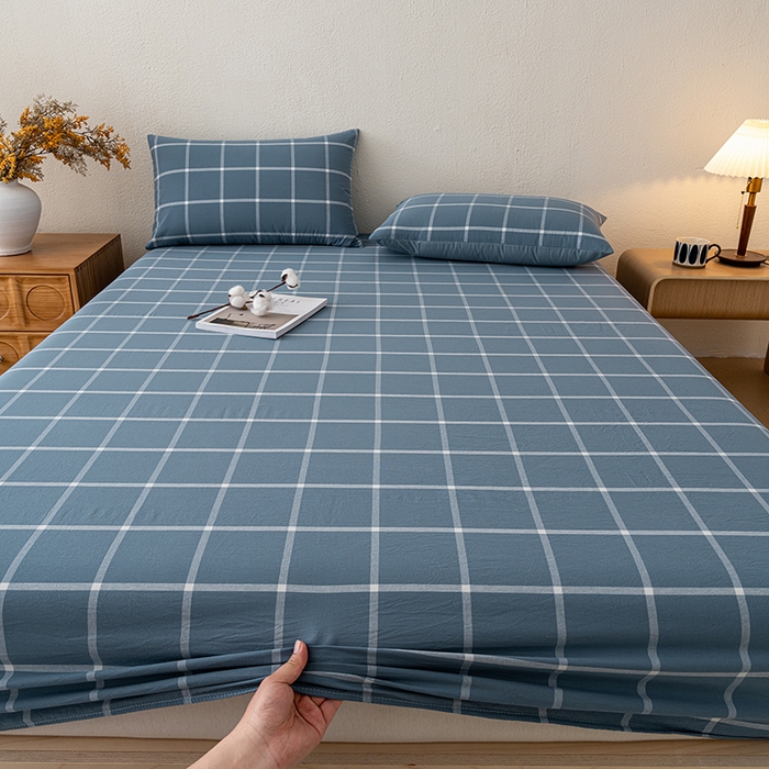 91家纺网 家纺一手货源 找家纺 吉象家纺 2025新款全棉色织水洗棉床笠三件套 大蓝格