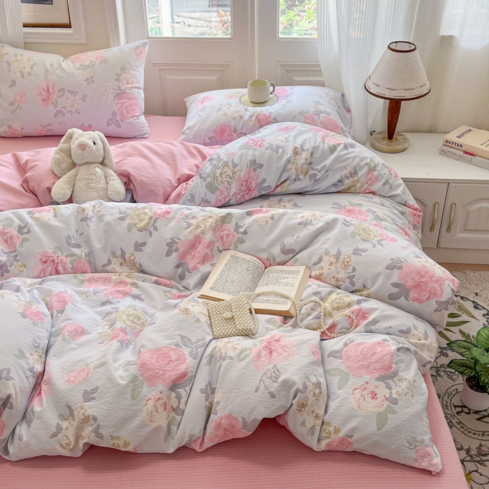 91家纺网 家纺一手货源 找家纺 海岛哥哥 2025新款高克重木棉提花双层纱四件套-风格二 花梦如烟