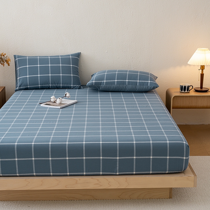 91家纺网 家纺一手货源 找家纺 吉象家纺 2025新款全棉色织水洗棉床笠三件套 大蓝格