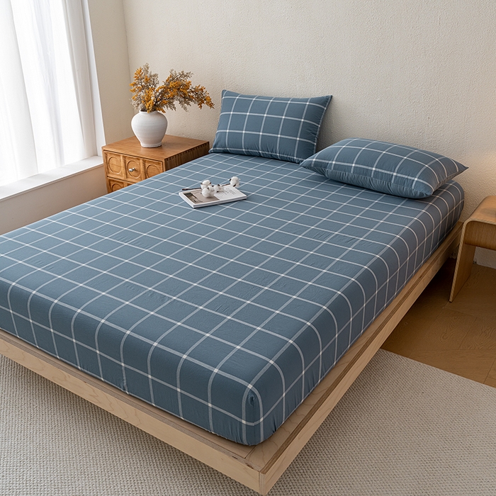 91家纺网 家纺一手货源 找家纺 吉象家纺 2025新款全棉色织水洗棉床笠三件套 大蓝格