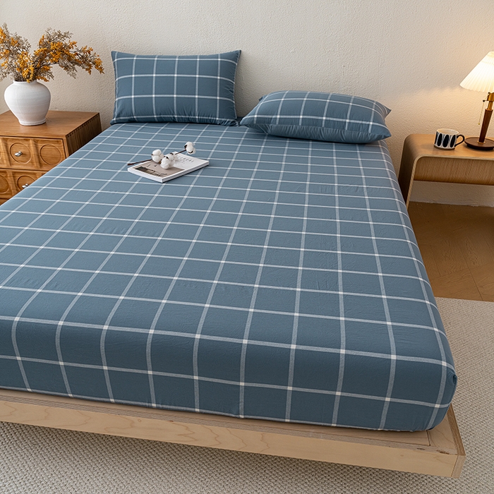 91家纺网 家纺一手货源 找家纺 吉象家纺 2025新款全棉色织水洗棉床笠三件套 大蓝格