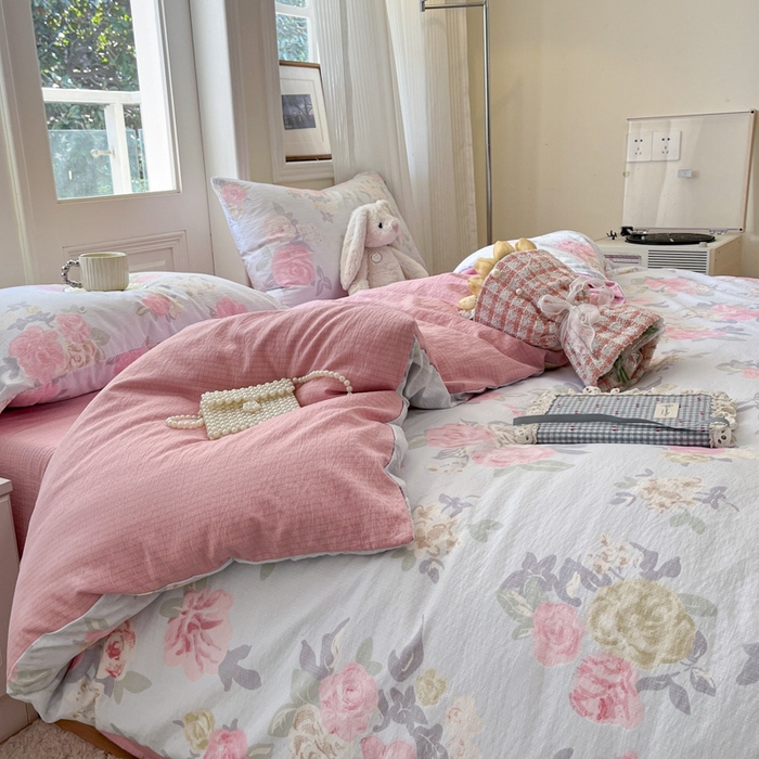 91家纺网 家纺一手货源 找家纺 海岛哥哥 2025新款高克重木棉提花双层纱四件套-风格二 花梦如烟