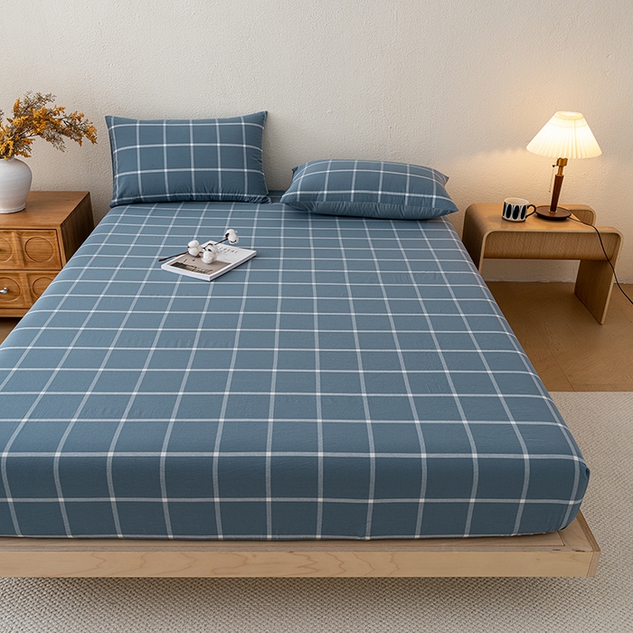 91家纺网 家纺一手货源 找家纺 吉象家纺 2025新款全棉色织水洗棉床笠三件套 大蓝格