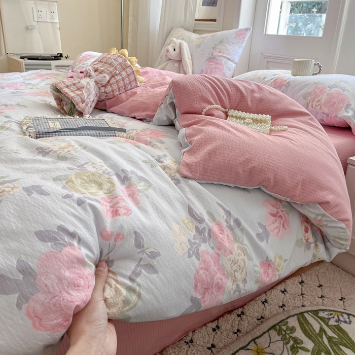 91家纺网 家纺一手货源 找家纺 海岛哥哥 2025新款高克重木棉提花双层纱四件套-风格二 花梦如烟