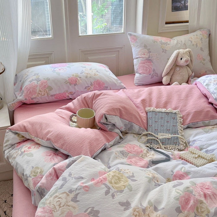 91家纺网 家纺一手货源 找家纺 海岛哥哥 2025新款高克重木棉提花双层纱四件套-风格二 花梦如烟