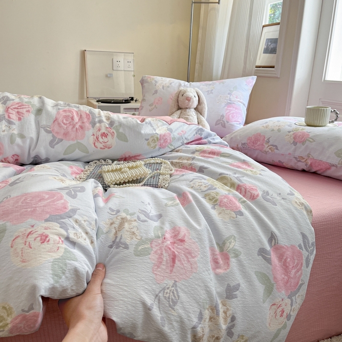 91家纺网 家纺一手货源 找家纺 海岛哥哥 2025新款高克重木棉提花双层纱四件套-风格二 花梦如烟