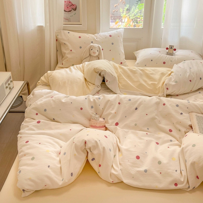 91家纺网 家纺一手货源 找家纺 海岛哥哥 2025新款高克重木棉提花双层纱四件套-风格二 幻彩波点