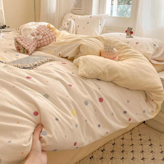 91家纺网 家纺一手货源 找家纺 海岛哥哥 2025新款高克重木棉提花双层纱四件套-风格二 幻彩波点