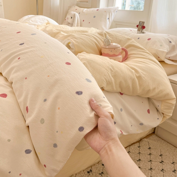 91家纺网 家纺一手货源 找家纺 海岛哥哥 2025新款高克重木棉提花双层纱四件套-风格二 幻彩波点